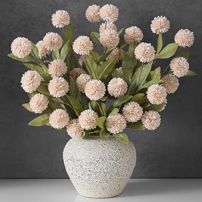 VIERENA 12 Pcs Faux Silk Pompon Mum Artificial Flowers for Vase -27", Bulk Fake Chrysanth Branches with Stems for DIY Bouquet Centerpieces Wedding Fillers Arrangements Shower Decorations (Beige)