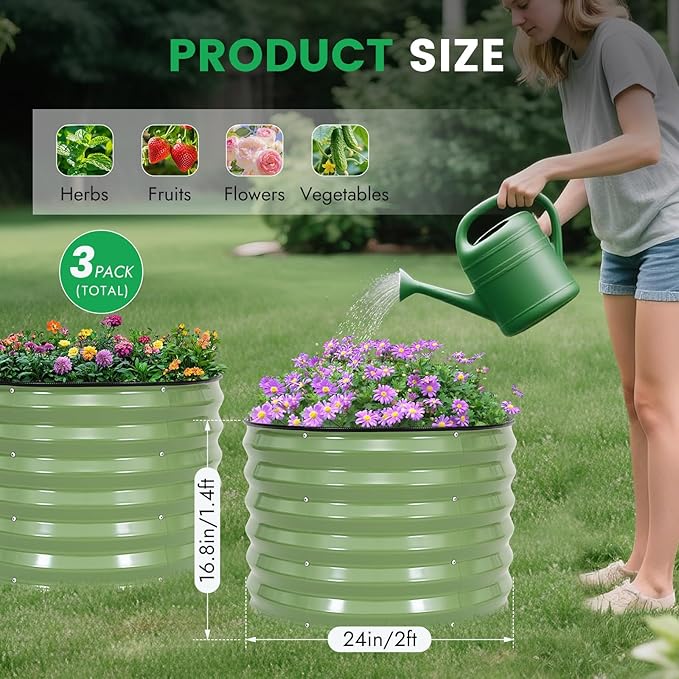INNO STAGE 3 Pcs Round Galvanized Raised Garden Bed — 2×2×1.4ft Planter Box Outdoor Raised Beds Kit for Gardening Vegetables, Fruits, Herbs, and Flowers, Olive Green