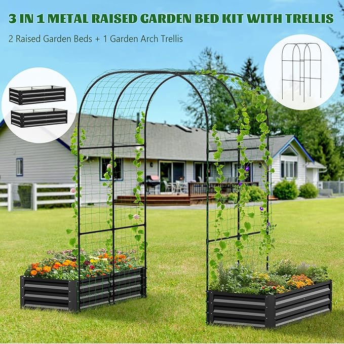 3 in 1 Galvanized Raised Garden Bed with 87" H Arch Trellis for Climbing Plants, Outdoor Gardening Planter Box with Climbing Net for Flower Vegetables Fruits Herbs, Black
