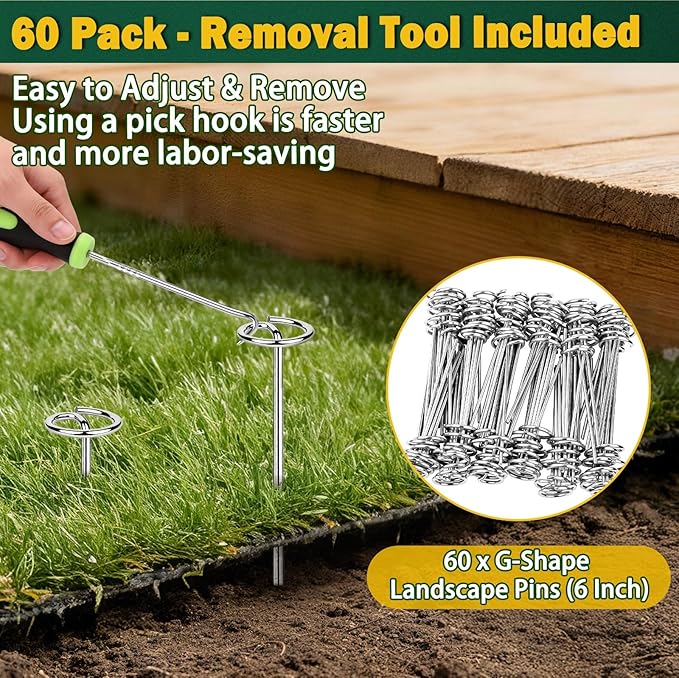 60 PCS Landscape Fabric Staples Pins,Heavy Duty Circle Top Landscape Fabric Stakes, 6 inch Galvanized Weed Barrier Stakes Pins with Removal Tool,Reusable Garden Staples for Weed Barrier Fabric