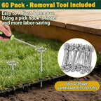 60 PCS Landscape Fabric Staples Pins,Heavy Duty Circle Top Landscape Fabric Stakes, 6 inch Galvanized Weed Barrier Stakes Pins with Removal Tool,Reusable Garden Staples for Weed Barrier Fabric