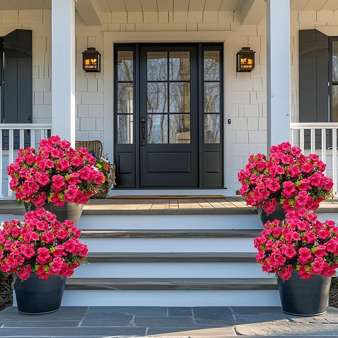 Artificial Geranium Flowers for Outdoor Decoration, 6 Bundles UV Resistant Silk Geranium Fake Plants Faux Flowers for Front Porch Garden Patio Window Box Outside Indoor Decor (Rose Red)