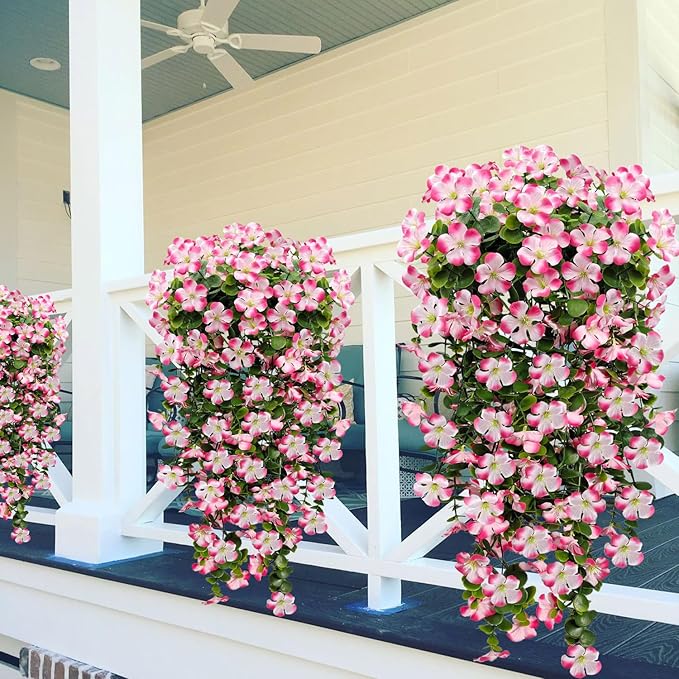 Artificial Geranium Hanging Flowers for Outdoor Decoration, 2 Bundles UV Resistant Silk Geranium Fake Plants Faux Flowers for Front Porch Garden Patio Window Box Outside Indoor Decor (Pink)