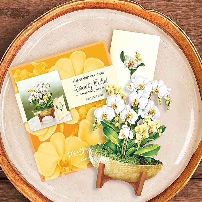 Freshcut Paper Pop Up Cards, Mini Serenity Orchid, 6 Inch Mini Sized Paper House Plants 3D Popup Greeting Card, Birthday Card, Get Well Gifts, Blank Notecard & Envelope