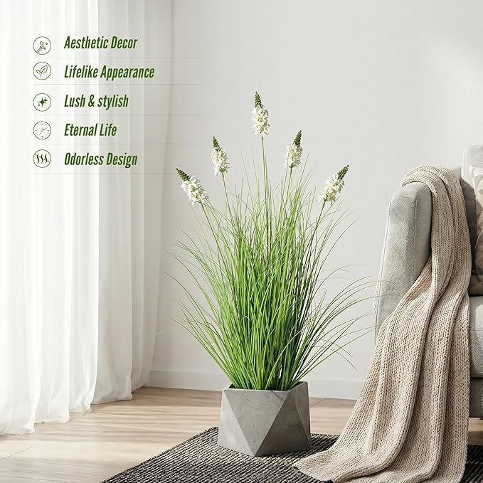 Artificial Plants Indoor Tall Grass Plants with Hyacinth Flower 35.4In Tall Artificial Ornamental Grass Green Onions Outdoor Fake Plants with Black Pot Home Office Decorative (1 Pack,White)