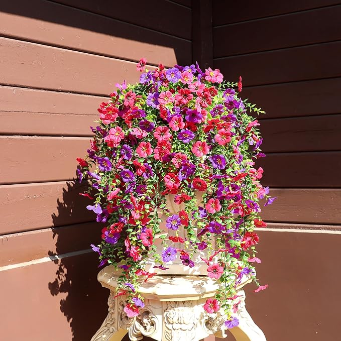 Artificial Flowers for Outdoors Spring Decor, 6 Bundles UV Resistant Realistic Faux Silk Hanging Flowers, Fake Plants for Planter Indoor Outside Garden Porch Patio Balcony Yard(Fuchsia Purple)
