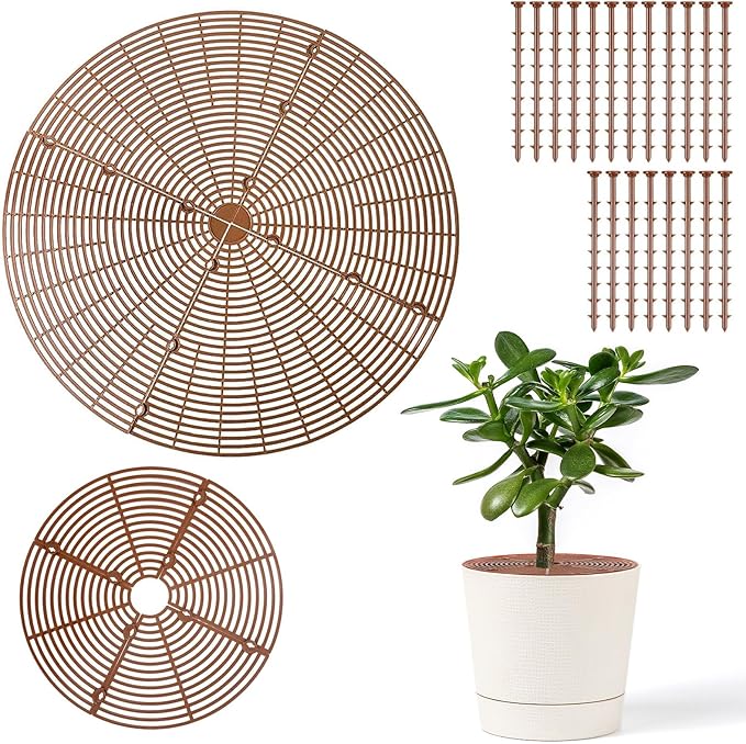 2 Pcs Plant Pot Grid Soil Protector Covers Large and Medium Cuttable Grid Flower Protector with Deep Stakes for Indoor Outdoor Office Hotel Home Furnishing Shopping Mall Garden
