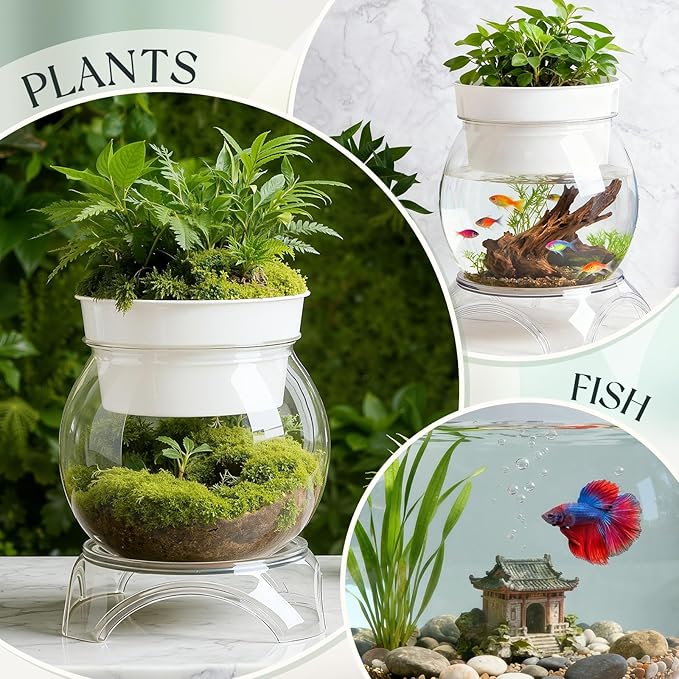 Geelin 3 Gallon Plastic Aquaponic Betta Fish Tank Aquaponic with Base and Top, Small Bowl Shatterproof Ecosystem Aquarium with Clear Clarity for Terrarium, Flower Vase Betta Fish Centerpiece Gifts