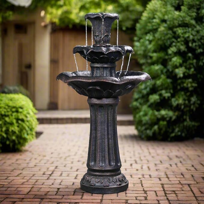 Teamson Home Lily Flower Floor Pedestal 3 Tiered Floor Waterfall Fountain with Pump for Outdoor Patio Garden Backyard Decking, 38 Inch Height, Dark Gray