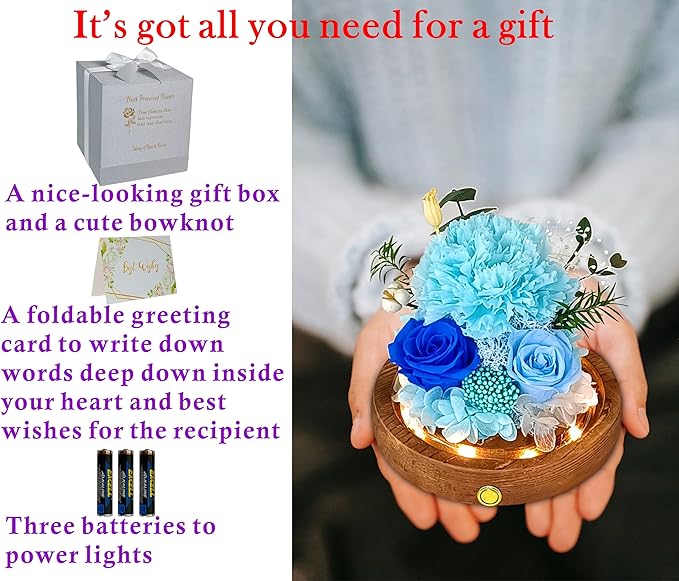 Valley of Rain & Forest Long-Lasting Real Flowers, Unique Floral Gift For You to Send Love for All Occasions, for Indoor Decoration (Light Blue Carnation, Blue Rose, Light Blue Rose)