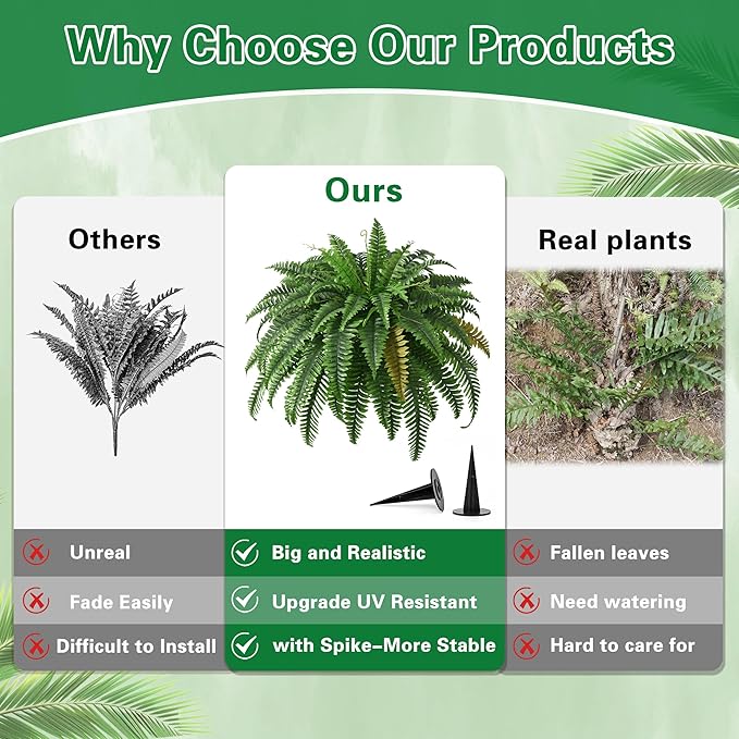 4PCS 45in Fake Ferns- Outdoor Faux Plants, Large UV Resistant Artificial Ferns for Outdoors, Weatherproof Faux Boston Fern Realistic Fake Artificial Plant for Porch Home Garden Patio Hanging Decor