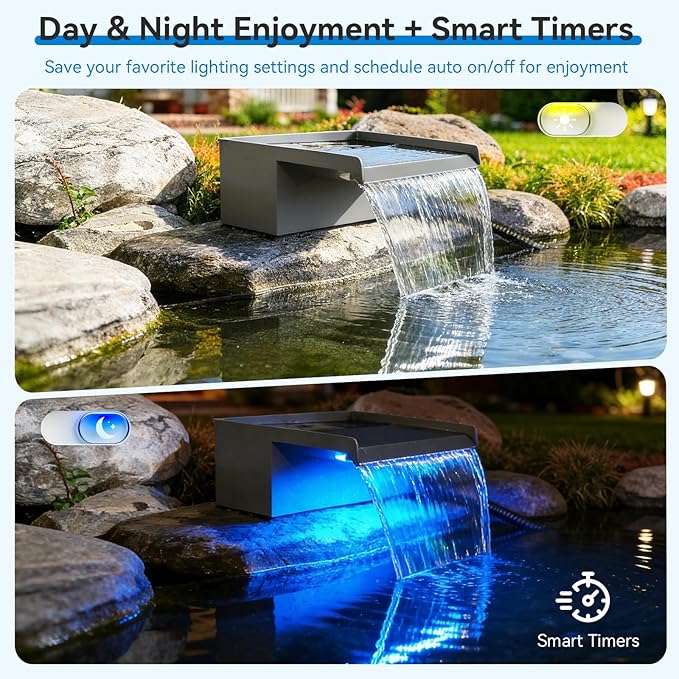 POPOSOAP 12INCH Pond Waterfall Spillway with Multi-Stage Pond Filter & RGB LED Lights APP/Remote Control, 40W 660GPH Pump with 9.8FT Tubing for Garden Ponds, Aquariums, Outdoor Landscapes-P7331D