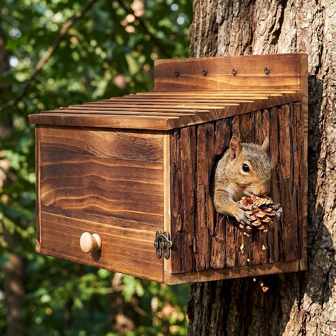 Chumia Squirrel Nesting Carbonized Wooden Squirrel House Outdoor Weather Natural Style Ventilation Easy to Clean Breed Living Shelter for Bird Small Animal
