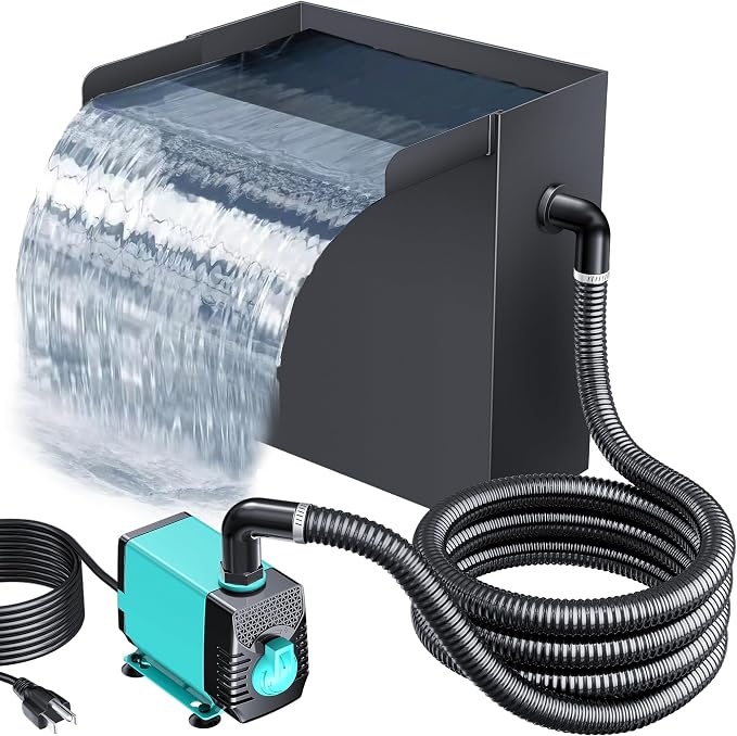 POPOSOAP Pond Waterfall Spillway with Pump Kit, 13.4" H x 12" W Stainless Steel Pond Waterfall Box with Pond Pump, Filtration, 10FT Corrugated Tubing for Outdoor Garden Pond Spillway & Pool