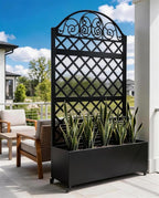 Privacy Planters for Patio, 73" Ornamental Metal Planter Box with Trellis & Locking Wheels, Scrollwork Arch Raised Garden Bed for Climbing Plants Roses Vines, Outdoor Flower Box with Drainage
