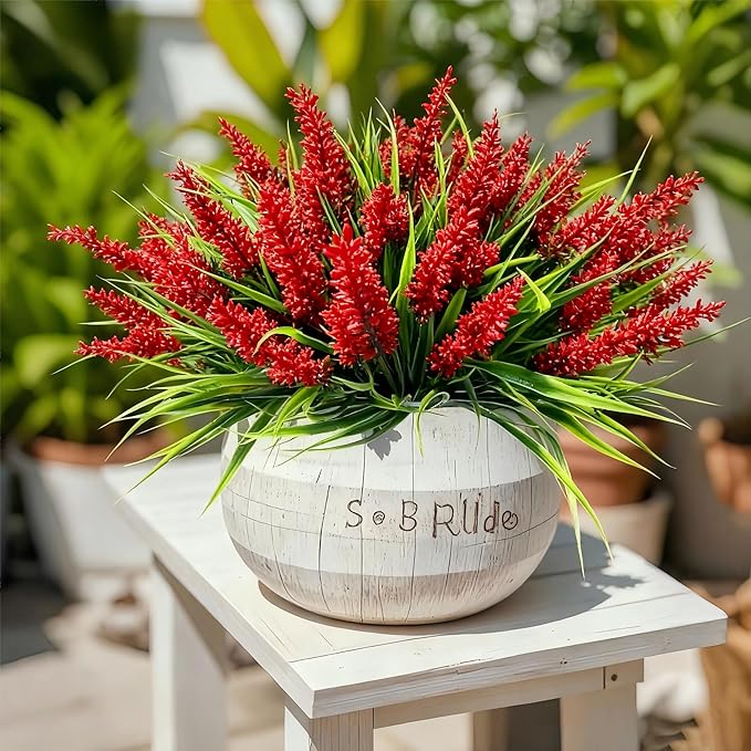 Geegoods Artificial Plants Flowers Outdoor – 24 Bundles UV Resistant Faux Lavender Flowers with Monkey Grass for Garden Porch Window Patio Hanging Planter Decor