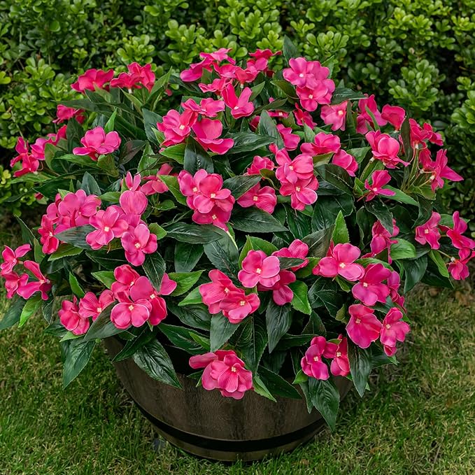 Nigirior Artificial Fake Flowers for Outdoor Décor 6 Bundles UV Resistant Fake Plants for Planter Faux Impatiens for Home Porch/Garden Stunning（Rose Red）