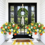 Artificial Flowers Plants for Outdoors, 6PCS UV Resistant Faux Flowers Outdoor Plants, Fake Petunias Silk Flowers for Garden Balcony Yard Porch Decor (Yellow Orange White)