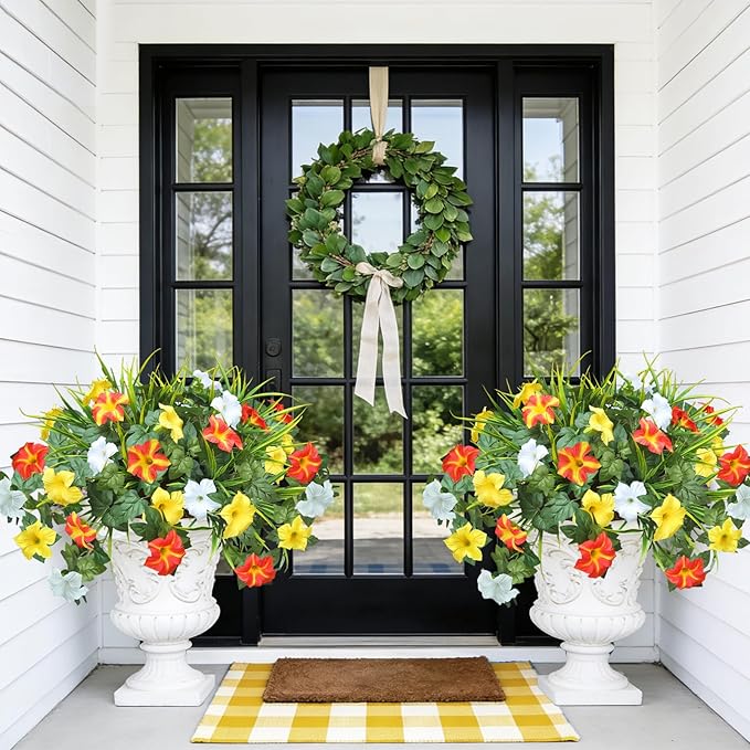 Artificial Flowers Plants for Outdoors, 6PCS UV Resistant Faux Flowers Outdoor Plants, Fake Petunias Silk Flowers for Garden Balcony Yard Porch Decor (Yellow Orange White)