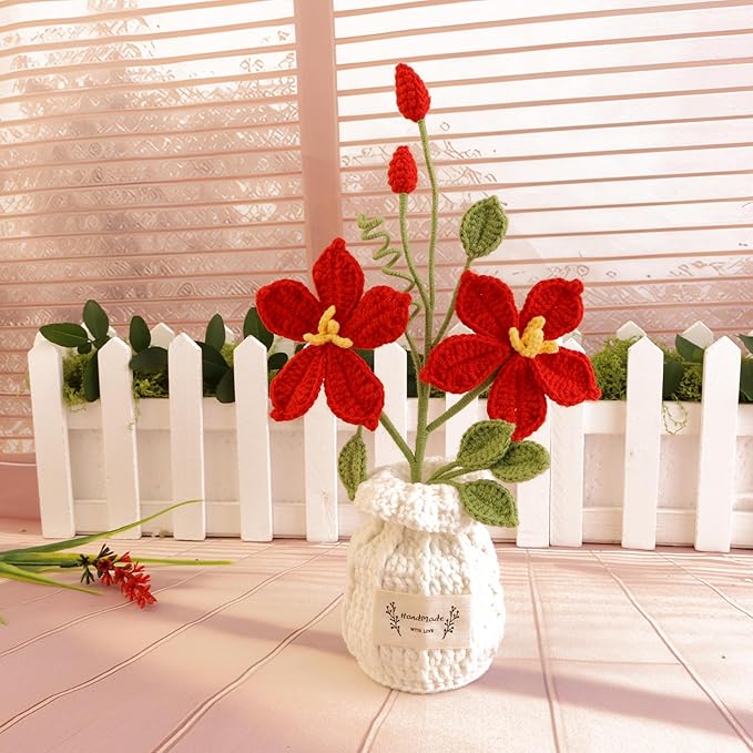 Hand-Woven Crochet Flowers, Simulation of Lotus Potted Plants, Used for Living Room Decoration, Garden, Balcony, Coffee Table Decoration for Family and Friends Lover Anniversary (Red)