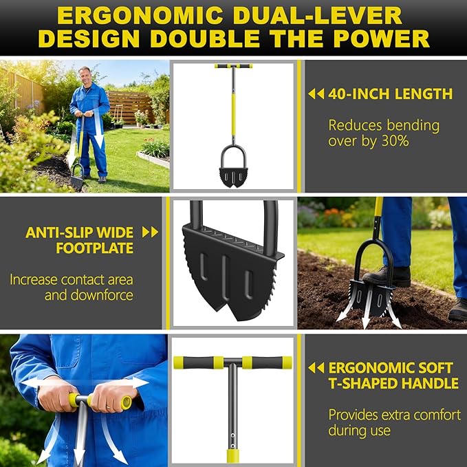 Half Moon Edger Lawn Tool with Double V-Shaped Saw-Tooth Blade & Rubber T-Grip, 40in Edging Shovel for Landscaping, Garden Edging Tool for Landscaping, Manual Lawn Edger Tools for Garden Maintenance