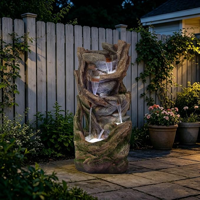 Solarbloom 38.6" H Outdoor Fountains, Multi-Tier Rock Tree Trunk Outdoor Water Fountain with LED Lights, Freestanding Cascading Waterfall for Garden, Patio, Backyard, Porch Decor