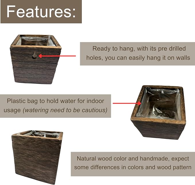 LaLaGreen Wood Planter Boxes for Indoor Plants (4x4 Inch, 6 Pack) Small Square Wall Mounted Planters Flower Pot, Herb Wooden Box Hanging Plant Holder Outdoor Balcony Vertical Garden Modern Home Decor