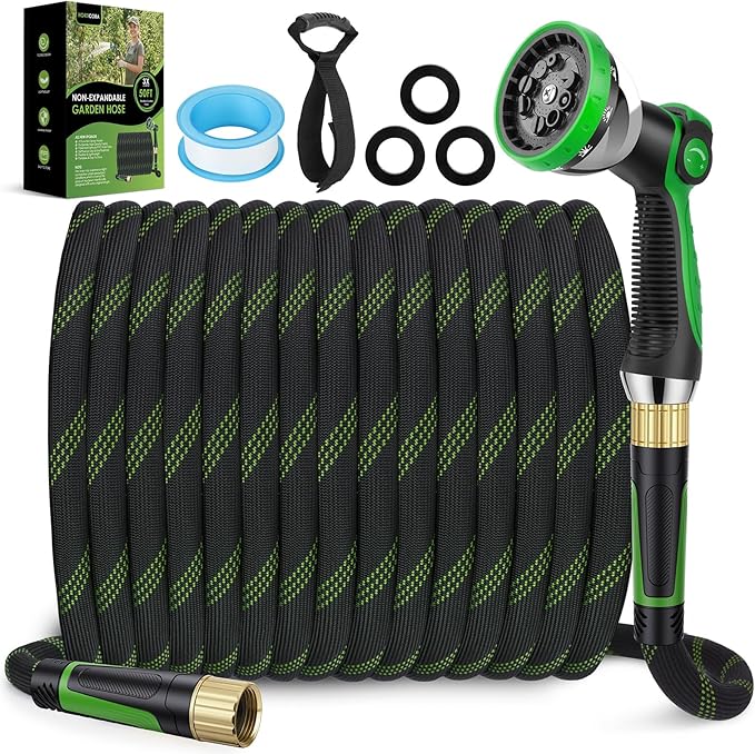 Non-Expanding Garden Hose 50 ft, Lightweight Hose & Flexible Water Hose With 10-Pattern Spray Nozzle, Kink-Free Design, Durable Leakproof Yard Outdoor Hose, Portable Storage Strap, 50 Feet