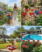 2026 Handmade Metal Flower Garden Stake with Bee Bath & Bird Water Bowl 24in Birdbaths Butterfly & Pollinator Flowers Watering Station Rain Catcher Decor Outdoors Yard Art Fountain Water Feeder