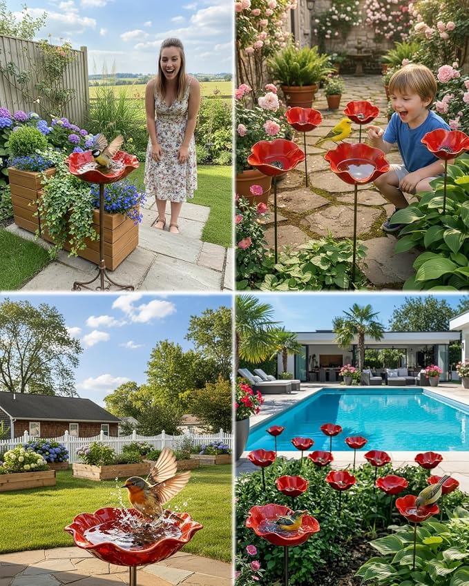 2026 Handmade Metal Flower Garden Stake with Bee Bath & Bird Water Bowl 24in Birdbaths Butterfly & Pollinator Flowers Watering Station Rain Catcher Decor Outdoors Yard Art Fountain Water Feeder