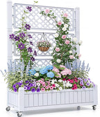 YITAHOME 42.5x14.2x61 in Planter Box with Trellis/Outdoor Privacy Screen, All-Weather Raised Garden Bed with Wheels & Drain Plug for Climbing Plants Flowers Herbs, White