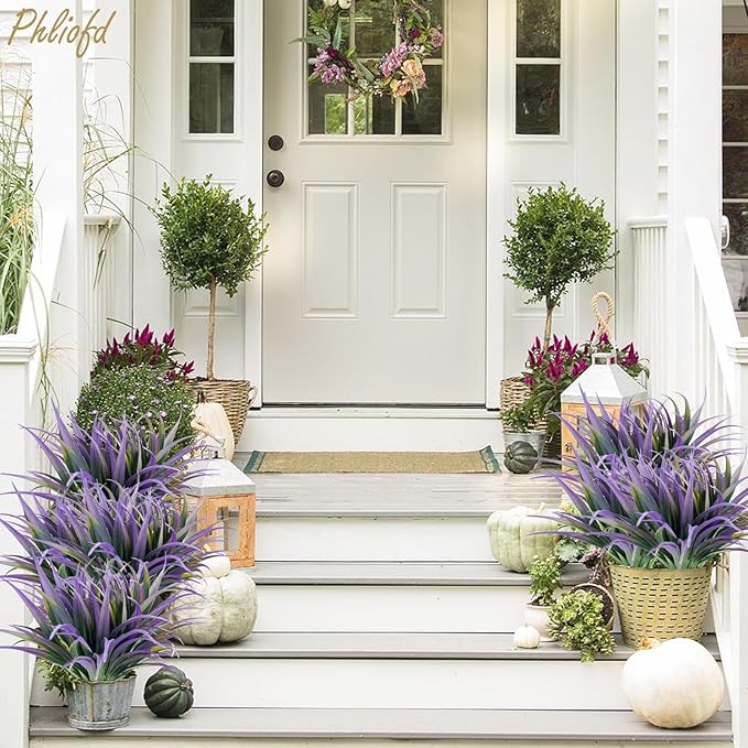 32 Pcs Artificial Grass Fake Plants 17.3in Outdoor Plants UV Resistant Faux Greenery Stems Fake Grass for Home Window Garden Office Patio Pathway Front Porch Halloween Décor Green & Purple