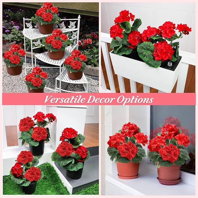 2 Pack Artificial Geranium Fake Flowers for Outdoors Spring Summer Decor, Silk Geraniums Red Flowers UV Resistant Faux Flower Potted Plants for Gardens Farmhouse Indoor Home Table Decor (Red)