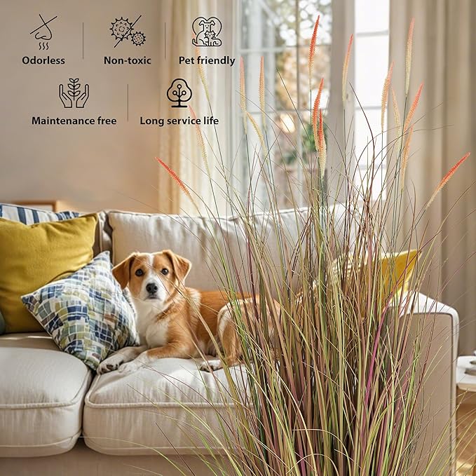 KOL 4ft 2-Pack Artificial Cattail Reed Grass, 47.2’’ Artificial Indoor Outdoor Fake Onion Grass Floor Plant, Home Office Wedding Decorative Potted Plants, Housewarming Gift, Pink