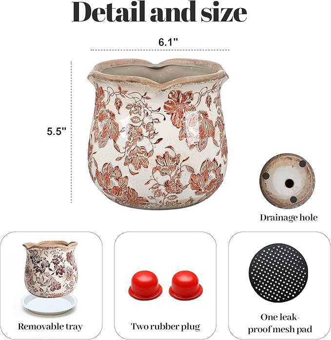 Vintage Ceramic Planter, Vintage Planter Pot with Floral Edges, Ice Crack Flower Pot with Drainge Hole Decorative Planter for Indoor and Outdoor Tuscan Decor Vase Gardening Gift