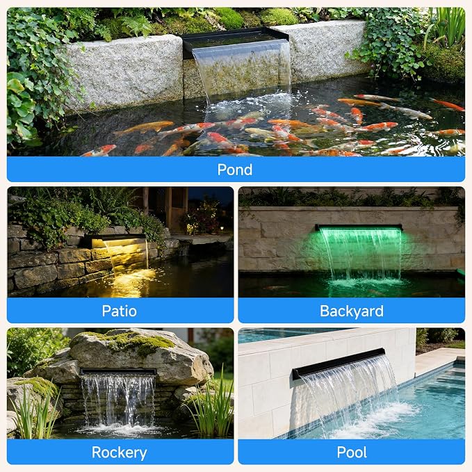 POPOSOAP 24 Inch Pond Waterfall Spillway Kit, RGB Multi-Color LED Lights Pond Waterfall with 1200GPH Pond Pump & 304 Stainless Steel, APP/Remote Control for Pond Garden Fish Tank Water Features-P46DC