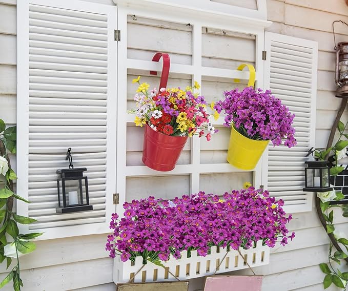 Bassion 24 Bundles Artificial Flowers for Outdoors Decoration, UV Resistant Purple Silk Fake Faux Flowers Artificial Plants for Outside Window Box Porch Garden Home Decor