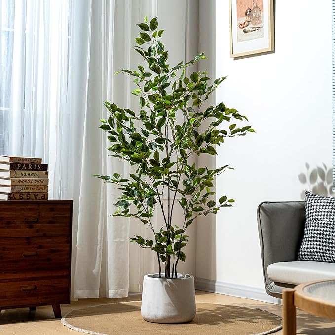 Bailikang Artificial Ficus Tree Indoor 5ft, Large Potted Faux Tree with Realistic Silk Leaves & Trunk for Home Office, Living Room Corner Decor