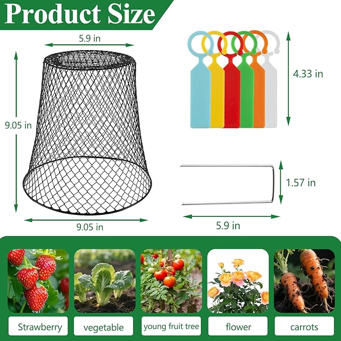 Cyrico 12 Pcs Plant Protectors from Animals, Chicken Wire Cloche Kit with Stakes and Labels, Metal Mesh Garden Cloches Keeps Out Rabbits, Squirrels and Birds for Seedlings Vegetables Flowers Outdoor