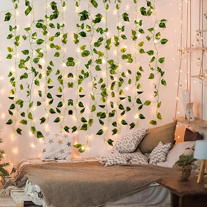 CEWOR 14 Pack 98ft Fake Ivy Vines, Artificial Ivy Garland with 100 LED String Lights, Hanging Plants Greenery Backdrop Green Leaves for Bedroom Room Wall Decor Wedding Party Table Decoration