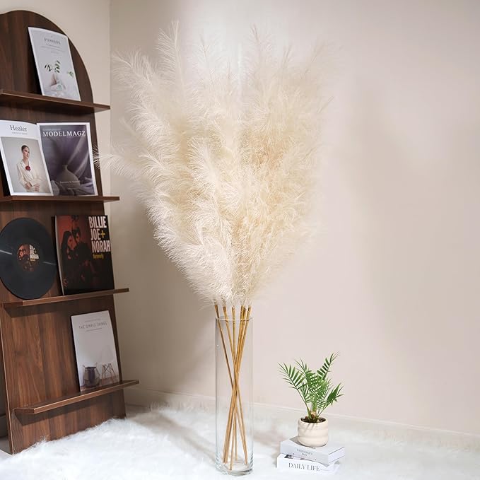 Premium Faux Beige Pampas Grass – 55" 8pcs Tall Ultra-Fluffy 24-Branch One-Piece Stems No Assembly, Luxury Silk-Feel Feather Flowers for Boho Modern Farmhouse Home Decor (Sand, 8 Stems)