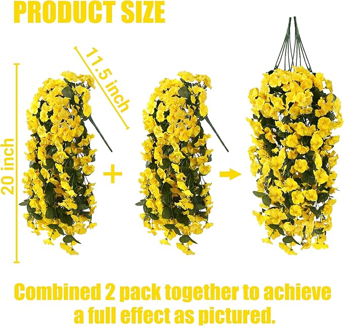 Sggvecsy Artificial Fake Hanging Flowers Plants for Outdoor Outside Spring Summer Decoration 4PCS Faux Silk UV Resistant Realistic Morning Glory Trailing Vines for Home Porch Patio Balcony(Yellow)