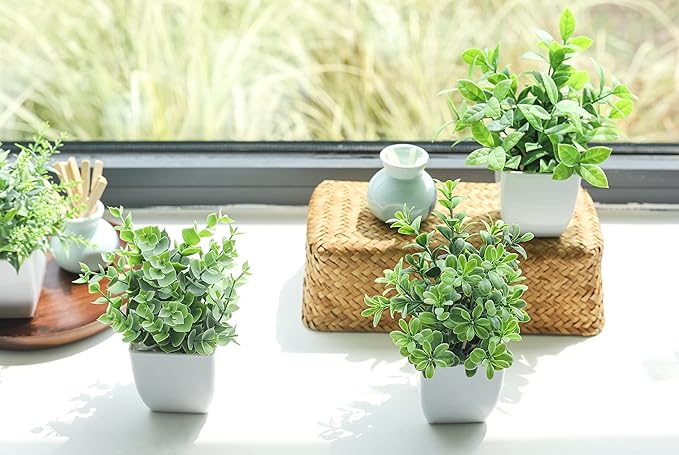Der Rose 4 Pack Fake Plants Mini Artificial Greenery Potted Plants for Home Decor Indoor Office Table Room Farmhouse Bathroom Decor