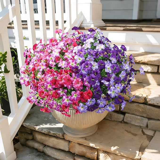 Artificial Flowers for Outdoors Decoration, 20 Bundles Faux Morning Glory with Eucalyptus Look Real UV Resistant Fake Plants Silk Flowers for Outside Yard Gardens Porch Patio Planter Home Urn, Mix
