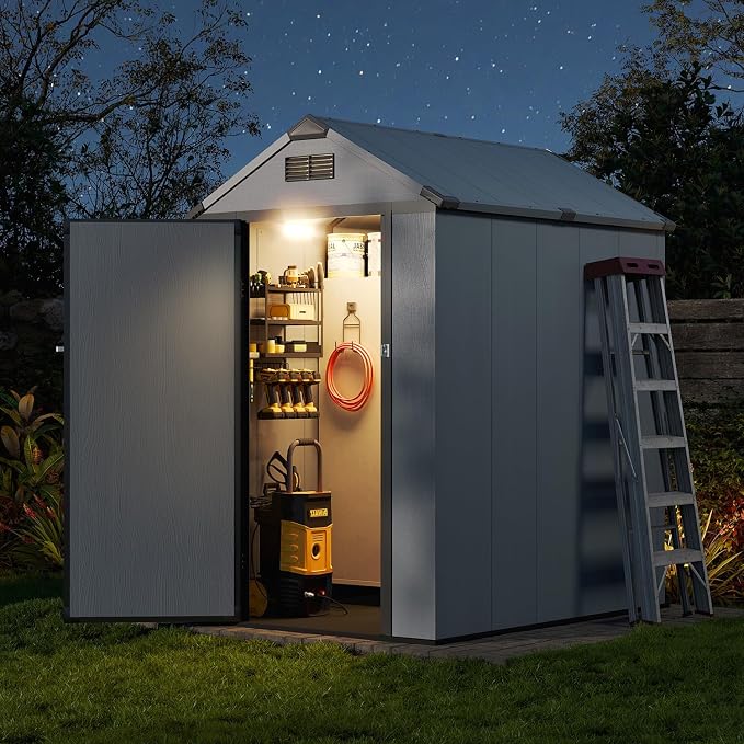 Aoxun 4x6 FT Outdoor Storage Shed with Built-in Magnetic Suction Light, Plastic Garden Resin Shed with Floor, Outdoor Storage with Lockable Door for Bike, Tools, Garbage Can, Dark Grey