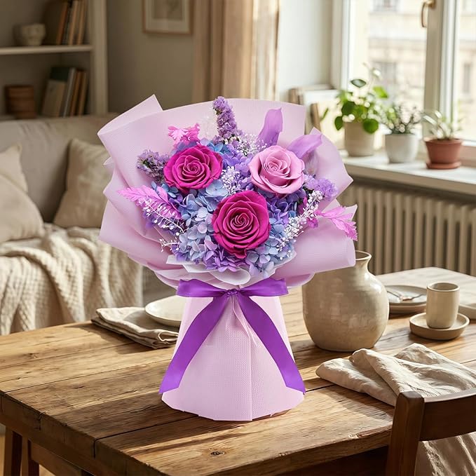 Preserved Flowers Bouquet, Flowers for Delivery,Handmade Purple Rose Bouquets Lasting 3-5 Years, Luxury Gift Box,Birthday Flowers Gifts for Women Mom Grandma Wife Friends