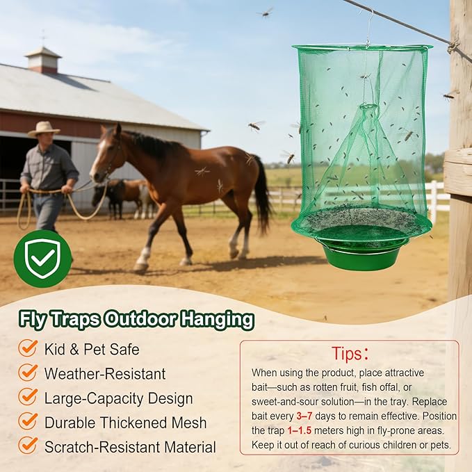 8 Pack Fly Traps Outdoor Hanging, Ranch Fly Traps with Food Bait Tray, Fly Catcher Cage for Indoor or Outdoor Family Farms, Park