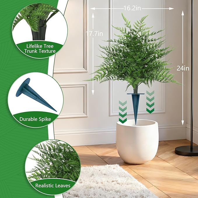 Grooy Artificial Fern Topiary Ball with Ground Spike, Set of 2 Realistic Boston Fern Plants Shrub, Fake UV Resistant Evergreen Bushes Tree for Porch Garden Indoor Outdoor Decor