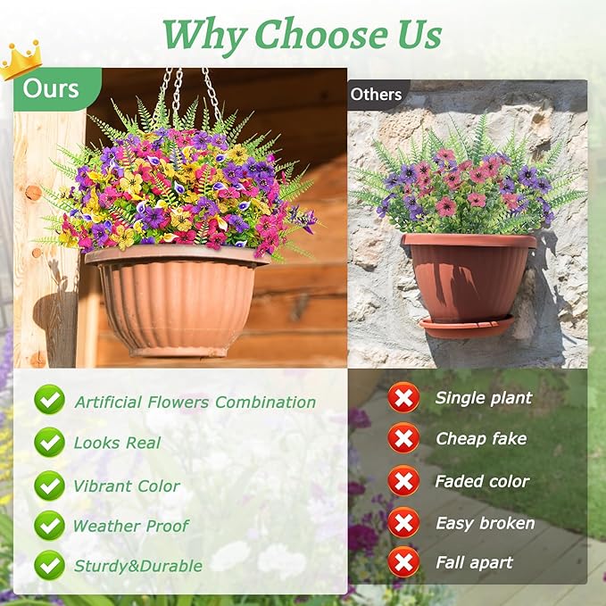 BLEUM CADE Artificial Flowers for Outdoors, 14 Bundles Faux Plants Outdoor Artificial Flowers for Decoration, UV Resistant Fake Flowers Artificial Plants & Flowers for Outdoors Garden Decor