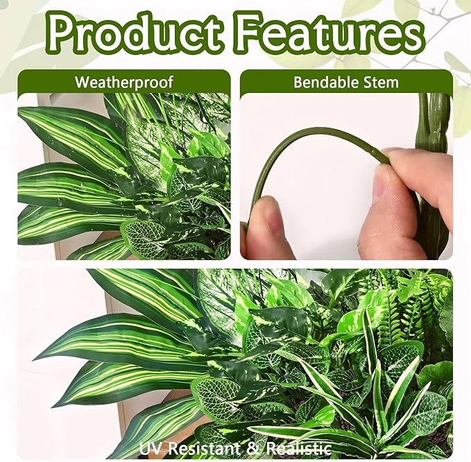 Waipfaru Artificial Plants Outdoor UV Resistant, Realistic Fake Plants Artificial Greenery, Large Bunches Faux Plants for Indoor Outdoor Porch Patio Garden Spring Summer Home Decor (Large 10pcs)